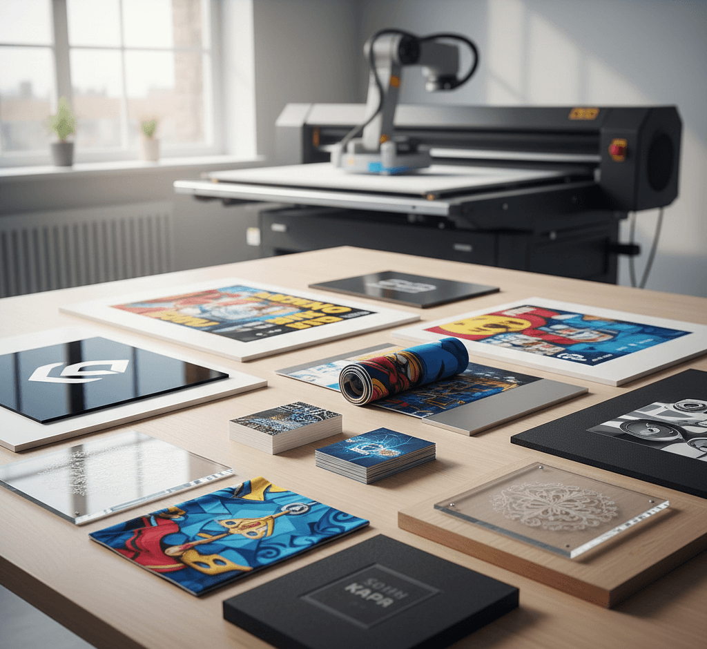 תמונת נושא של המאמר על הדפסה דיגיטלית המציגה מבט מקרוב על שולחן עץ בבית דפוס המציג מגוון מוצרי דפוס וביניהם כרטיסי ביקור ממותגים פוסטרים צבעוניים הדפסות על זכוכית ואקריליק בדים מודפסים וספרים בכריכה קשה ברקע נראית מכונת דפוס תעשייתית גדולה ומתקדמת הפועלת בחלל מואר עם חלון גדול המשקיף החוצה