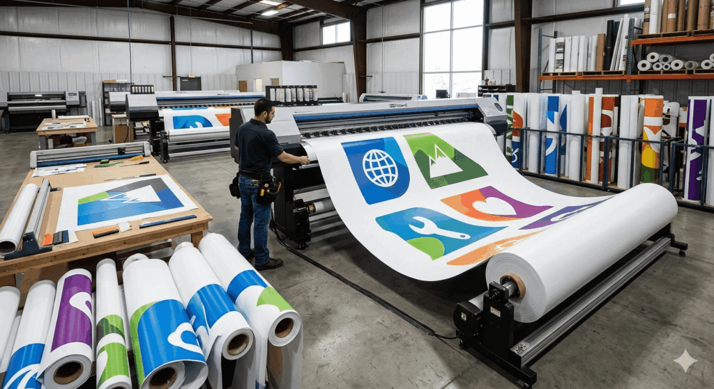 תמונת נושא של המאמר על הדפסת מדבקות לעסקים המציגה מבט פנים על בית דפוס דיגיטלי רחב ידיים שבו עובד מתפעל מכונת דפוס גדולה המדפיסה גרפיקות צבעוניות על גליל נייר לבן ארוך. בחלל המחסן נראים גלילי נייר רבים מסודרים על הרצפה ועל מדפים גבוהים ברקע, לצד שולחנות עבודה ומכשירי חיתוך מקצועיים. התמונה משדרת סביבת עבודה יצרנית ומקצועית עם תאורה טבעית המגיעה מחלונות גדולים ומאירה את הלוגואים והסמלים הגרפיים המודפסים.