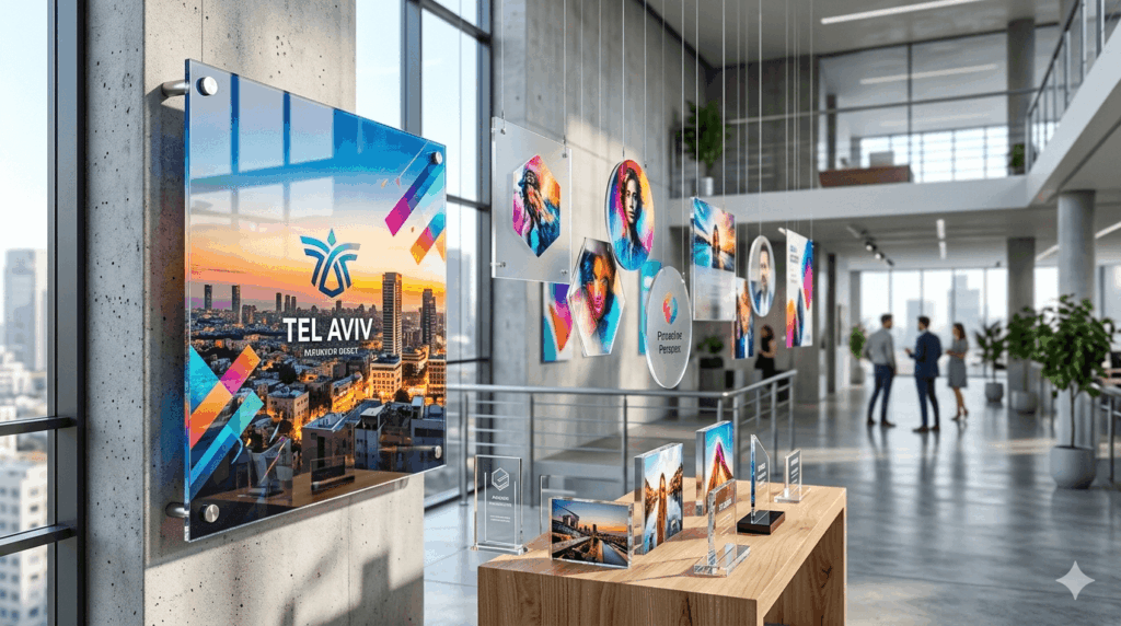 חלל תצוגה מודרני ומואר המציג מגוון עבודות הדפסה על פרספקס הכוללות תמונות נוף של תל אביב ופורטרטים צבעוניים. בחלל נראים לוחות שקופים התלויים מהתקרה בגבהים שונים, לצד תמונות המותקנות על קיר בטון חשוף ומוצרים דקורטיביים המוצגים על שולחן עץ בקדמת התמונה. ברקע המשרד רחב הידיים נראים אנשים משוחחים ליד חלונות זכוכית גדולים המשקיפים אל נוף עירוני, מה שמשדר אווירה של יצירתיות, חדשנות ועיצוב פנים יוקרתי.