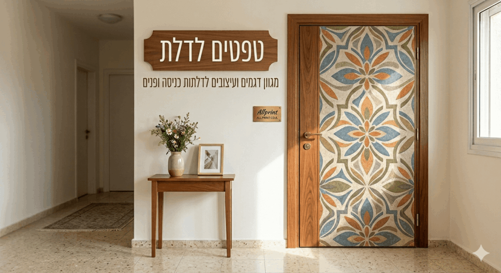 צילום פנים של מבואת כניסה המציגה דלת עץ עם חיפוי טפט מעוצב בדוגמה פרחונית-גיאומטרית בגווני כחול, כתום וירקרק. משמאל לדלת שלט עץ עם הכיתוב 