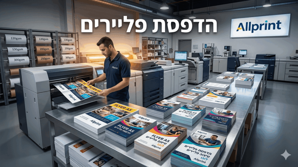 תמונה המציגה בית דפוס מקצועי ומודרני של חברת אולפרינט שבו עובד במדים כחולים בוחן פליירים שיצאו ממכונת דפוס גדולה ומתקדמת. על שולחן מתכת ארוך בקדמת התמונה מסודרות ערימות של פליירים מודפסים בגודל איי חמש בעיצובים צבעוניים שונים וברקע נראים מדפים עם גלילי נייר במשקלים שונים עמדות מחשב ומכונות דפוס נוספות תחת כותרת גדולה בעברית המכריזה על הדפסת פליירים.