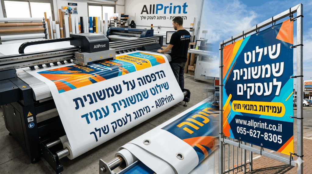 קולאז' המציג את תהליך הייצור והתוצאה הסופית של שילוט חוץ. בצד אחד, מדפסת פורמט רחב תעשייתית מדפיסה על יריעת שמשונית עם הכיתוב 