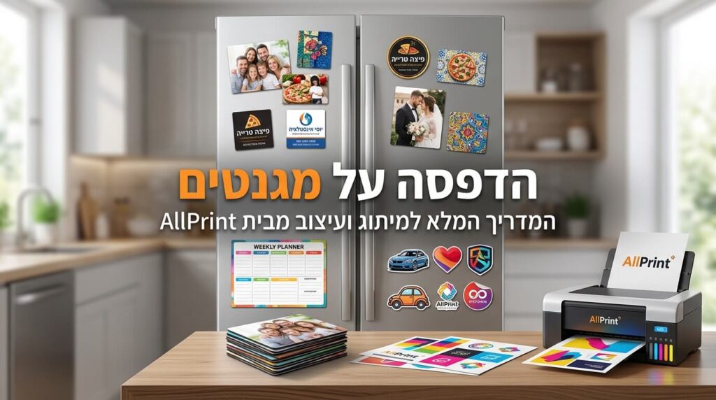תמונה מציגה חלל מטבח מודרני מטושטש ובו מקרר נירוסטה גדול ועליו מגוון מגנטים מודפסים. במרכז התמונה כיתוב בולט בעברית שאומר 